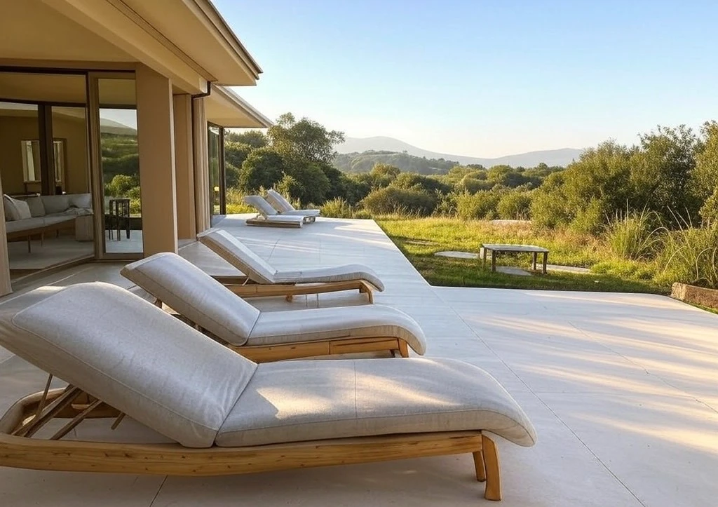 Maison moderne avec terrasse ensoleillée, chaises longues et vue sur un paysage verdoyant.