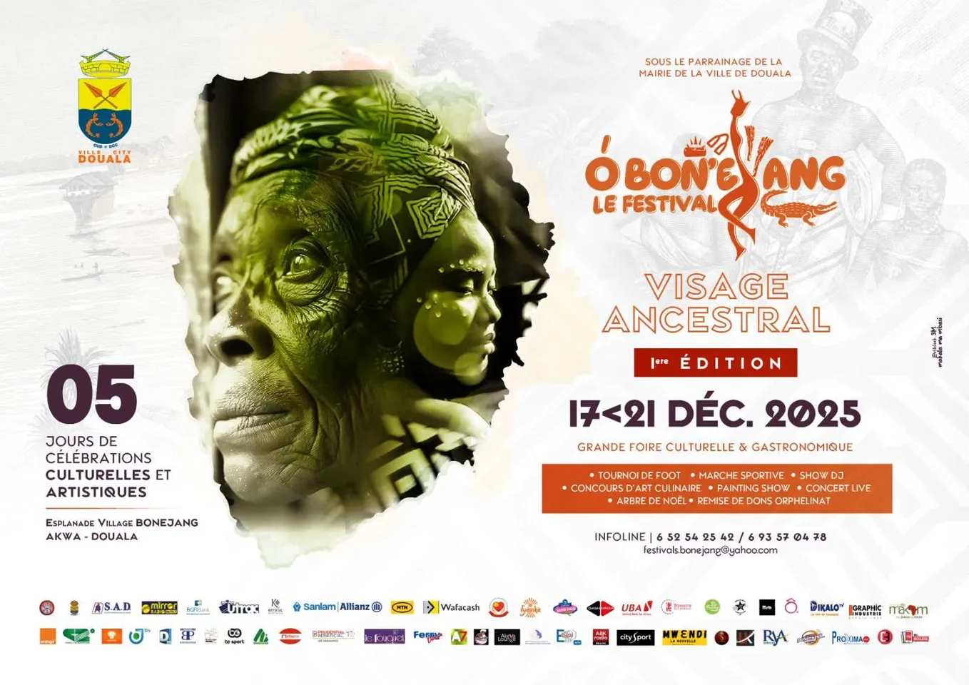 Affiche officielle colorée du Festival Ô BON'EJANG 2025, intitulée "Visage Ancestral", annonçant les dates du 17 au 21 décembre.